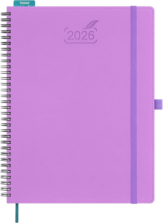 BEZEND 2026 Planner Weekly and Monthly (8.5" x 11" Spiral) Daily Calendar with Half-Hourly Timeslots & Tab (Jan-Dec) Note & Expenses, Pen Holder, Inner Pocket, Vegan Leather Softcover - Lavender