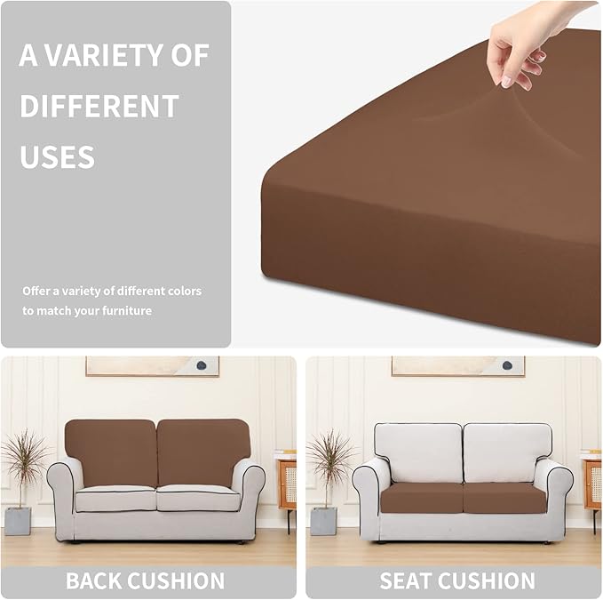 Easy-Going 100% Waterproof Chair Sofa Seat Cushion Slipcovers Couch Cushion Cover Stretch Furniture Protector for Kids, Pets (2-Piece Loveseat Cushion, Brown)