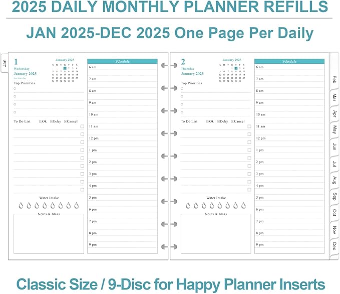 2025 Planner Refills for 9-Disc Disbound Pre-punched Happy Planners Inserts - One Page Per Day, January 2025 to December 2025, Prioritized, To-Do List, Appointment Schedule, 7" x 9.25"