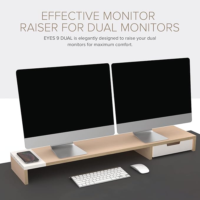 POUT E9 Dual Monitor Stand with Drawer - Wireless Charger and USB Hub (Maple White)
