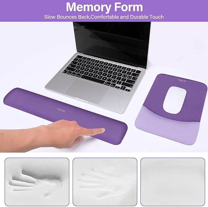 MOSISO Wrist Rest Support for Mouse Pad&Keyboard Set, Rectangular Ergonomic Mousepad Non-Slip Base Home/Office Pain Relief&Easy Typing Pad with Neoprene Cloth&Raised Curved Memory Foam,Imperial Purple