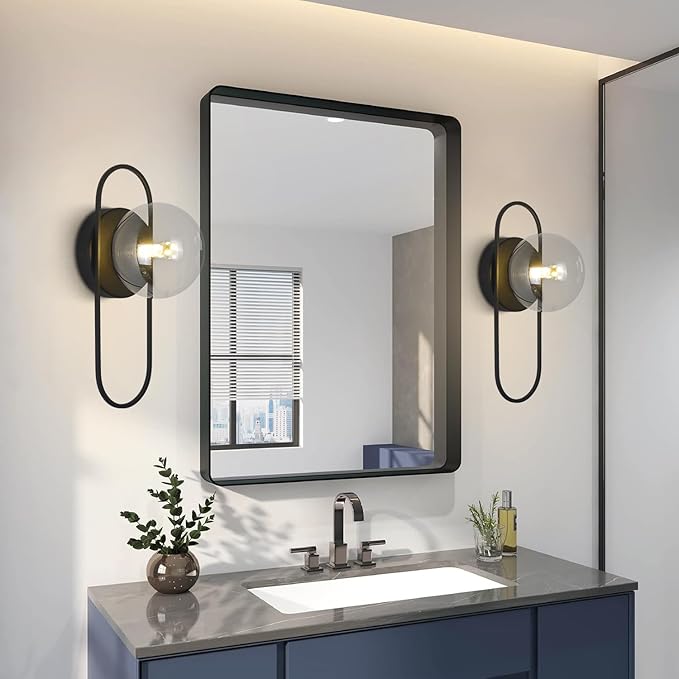 Mid Century Globe Wall Sconce Modern Indoor Sconces Wall Lighting Black Bathroom Sconces Set of 2 Bubble Glass Vanity Light Vintage Bedroom Wall Sconces (2 Pack)