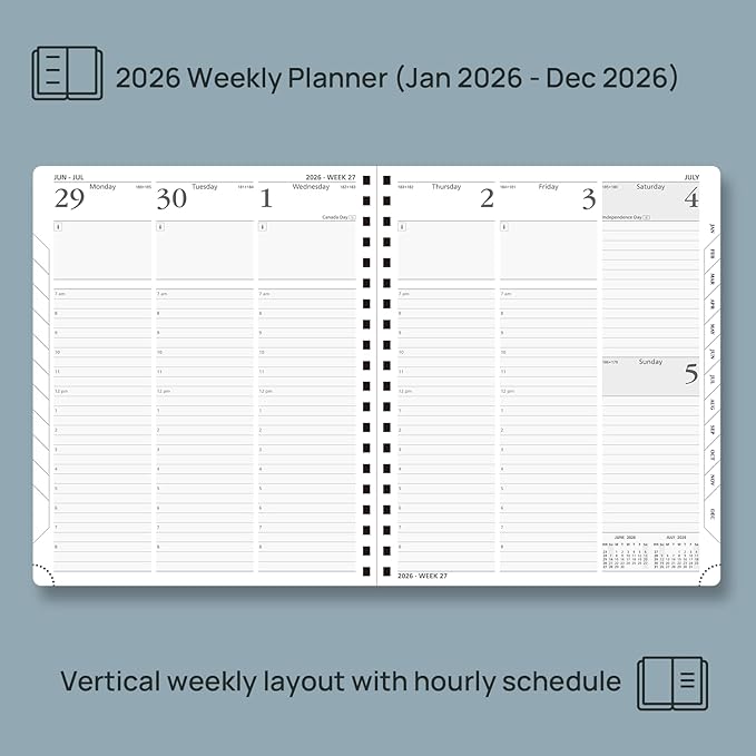 POPRUN 2026 Planner (Large - 8.5" x 10.5") with Hourly Schedule, Vertical Layout - 2026 Weekly Calendar (Jan. 2026 - Dec.2026) for Time Management, Monthly Tabs, Spiral Bound, Soft Cover - Purple