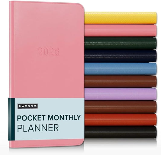 Harbor Pocket Monthly Planner 2025-2026, Calendar Planner and Notebook, Durable Faux Leather, 18 Months, 96 Pages, Softcover & Lightweight - Cambridge Flamingo - 6 x 3.25 "