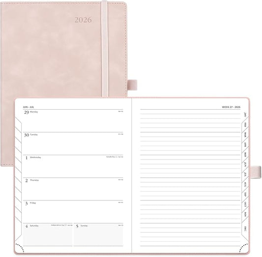 POPRUN Weekly Planner 2026 (Medium 6.5" x 8.5") Calendar 12 Months Notebook with Horizontal Layout, Leather Soft Cover, Monthly Tabs, Inner Pocket, 100GSM Thick Paper, Pen Holder - Soft Pink
