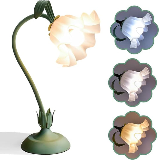 Cute Flower Table Lamp, Bedside Vintage Flower Lamp with LED Bulb, 3 Colors Temperature Flower Lamp for Bedroom Living Room Bedside Desk Reading Lighting Table Lamps Home Decoration (Green)