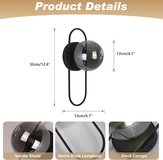 Black Globe Wall Sconce Mid Century Modern Bathroom Vanity Light Fixture Small Black and Glass Wall Mounted Light Vintage Hallway Sconces Wall Lighting (2 Pack)
