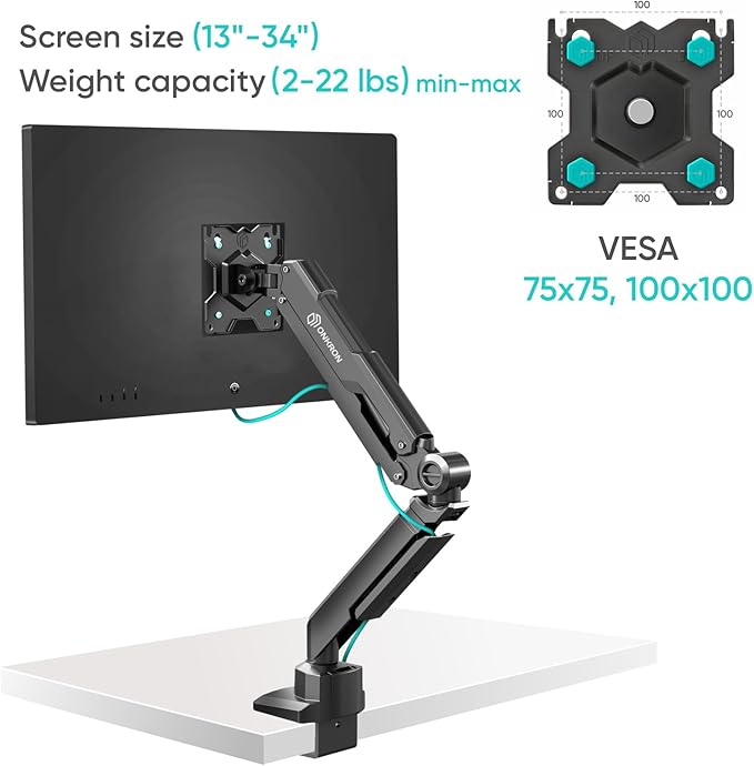 ONKRON Single Monitor Desk Mount for 13-34 Inch Screens, Up to 22 lbs, PC Monitor Arm, Gas Spring, 75x75 & 100x100 VESA, Full Motion, Black