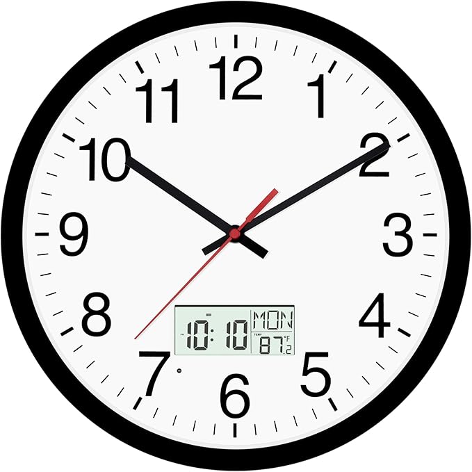 Digital Wall Clock with Lighted LCD Display Temp, Week, Switchable Time and Perpetual Calendar, DST Function, Silent Battery Operated Analog Clock for Office Bedroom Classroom (12", Black)