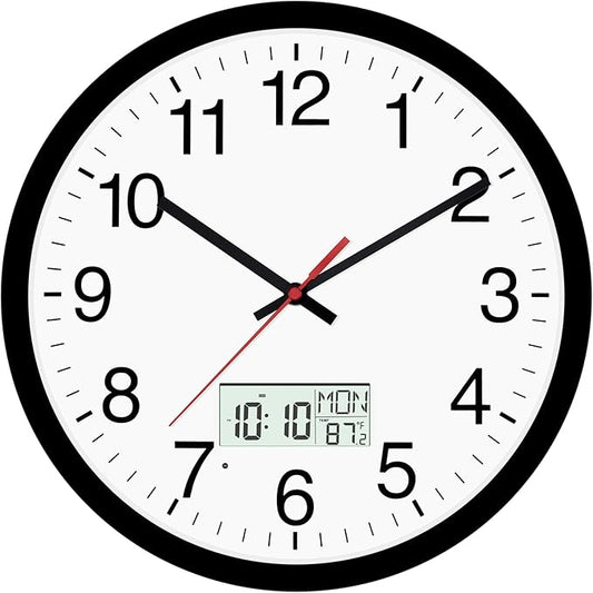 Digital Wall Clock with Lighted LCD Display Temp, Week, Switchable Time and Perpetual Calendar, DST Function, Silent Battery Operated Analog Clock for Office Bedroom Classroom (12", Black)