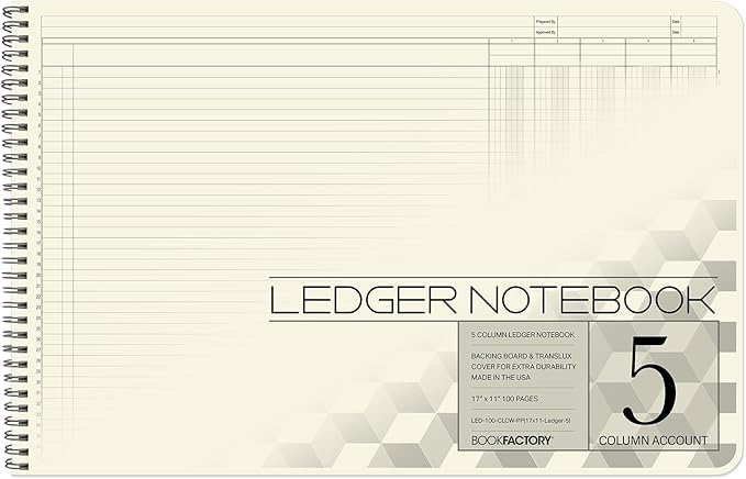 BookFactory Accounting Ledger Notebook/Large 5 Column Accounting Ledger Columnar (Five Columns) Log Book - 17'' x 11'', 100 Pages, Wire-O Landscape Format (LED-100-CLCW-PP(17x11-Ledger-5)-AX)