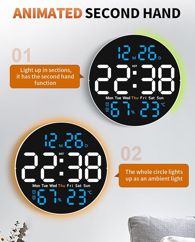 10 Inch Large Digital Wall Clock with 9 Color Changing Remote Control, Date Week Temperature, Auto Brightness Dimmer Big Clock with Night Lights,Blue