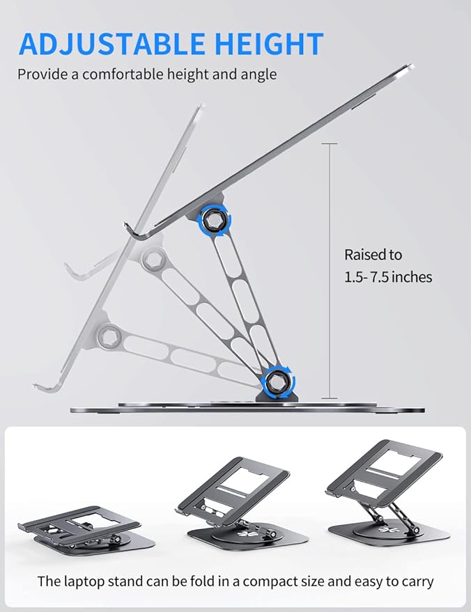Adjustable Laptop Stand with 360 Rotating Base, Computer Stand for Laptop Ergonimic Foldable Laptop Riser for Desk Compatible with MacBook Pro/Air Notebook up to 16 Inches, Grey