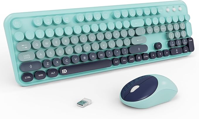 Wireless Keyboards Mouse Combos, Colorful Cute Typewriter Full-Size Retro Round Keycaps, 2.4GHz Cordless Connection Sleep Mode Office Wireless Keyboard and Mouse Set for Desktop Laptop PC Computer