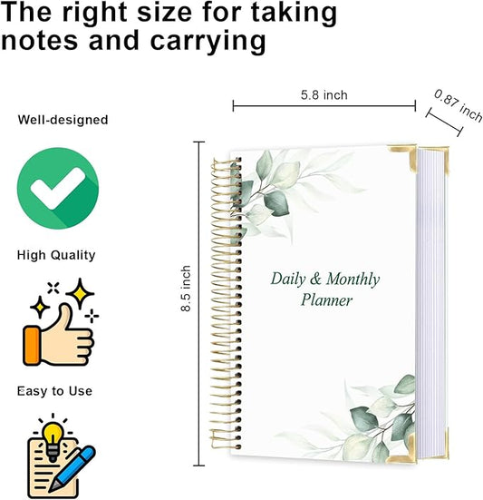 Undated Daily Monthly Planner for 2025 2026 - A5 To Do List with Hourly Schedule, Hardcover Spiral Bound Daily Planner to Increase Focus, Stylish School/Office Supplies, 5.8" x 8.5", Green Leaf