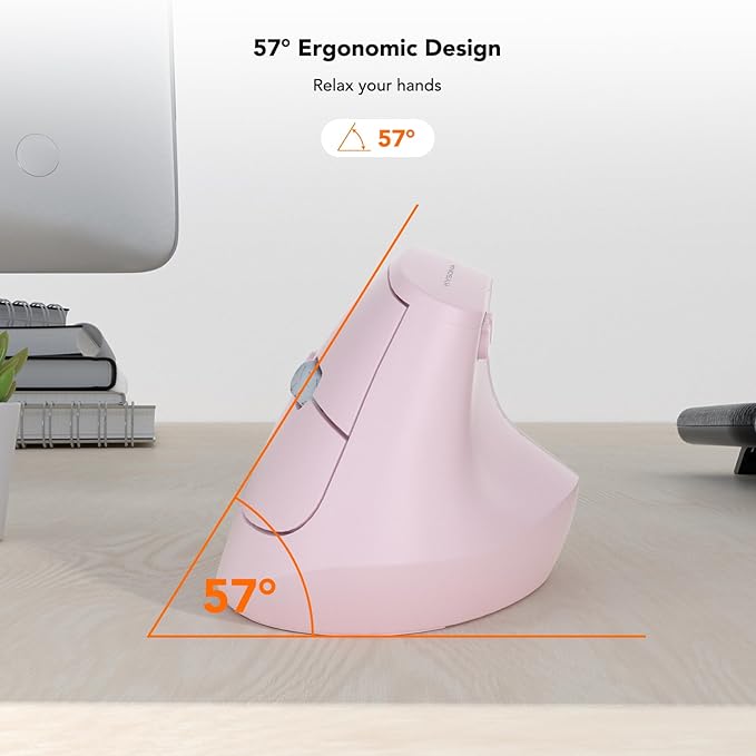 EM18 Wireless Ergonomic Vertical Mouse, Ergo Design, Bluetooth Cordless Mouse, Silent Click, 5-Level Adjustable DPI, Carpal Tunnel Mice for Computer, PC, Mac, Laptop, Pink