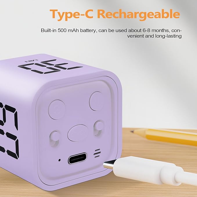 GuDoQi Multi-Function Cube Timer, 5/10/30/60 Min & Custom Count Down, Included Pause & Resume Feature, Silent, Vibrate & Adjustable Sound Alarm for Productivity in Tasks, Study & Kitchen, Purple