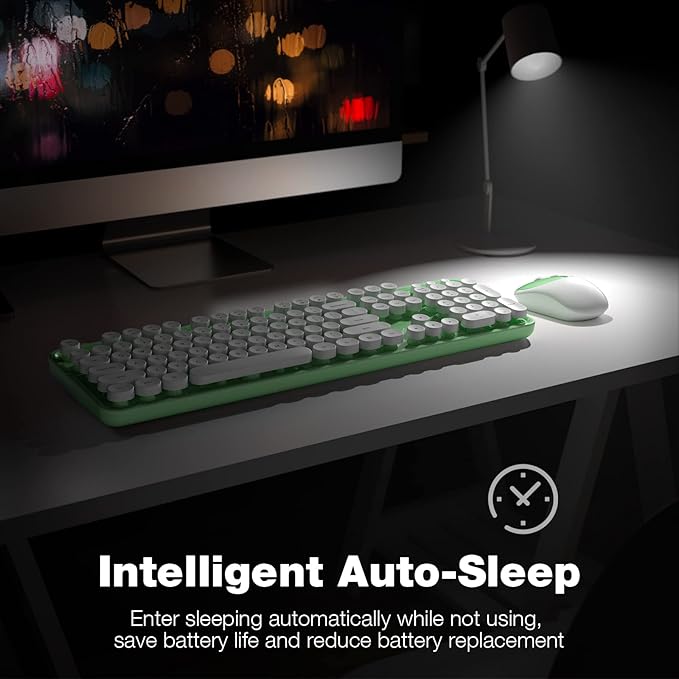 MOFII Wireless Keyboard and Mouse Combo, Computer Full Size 2.4G Plug and Play Wireless Typewriter Retro Round Keyboard and Mouse Set for Windows, Computer, Desktop, PC, Notebook - (Light Green)