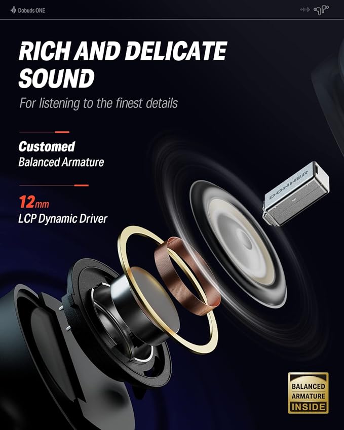 Donner Noise Cancelling Wireless Earbuds, Bluetooth 5.2 Earphones with 4 Mic Clear Calls, 12mm Drivers, App for Custom EQ, 32H Playtime, Fast Charging, Transparency - Dobuds ONE,Black