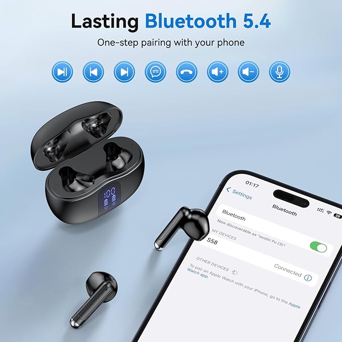 Wireless Earbuds, 2025 Bluetooth 5.4 Bass Stereo Headphones with 4 ENC Mic, 50H Playback Ear Buds with Charging Case LED Display,Sport Earphones IPX7 Waterproof for Phone, Android, Pad, Black