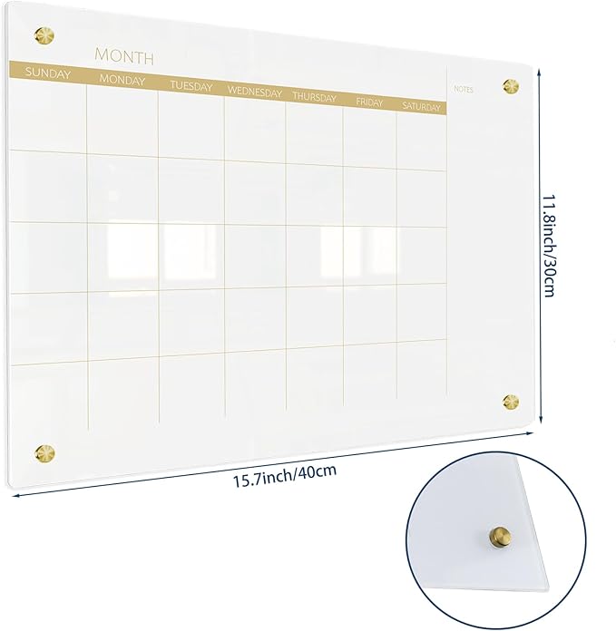Glass Dry Erase Calendar Whiteboard for Walll, Small Monthly Calendar Glass White Board, 11.8"x15.7", Planner Board for Home, Office, School（ Monthly-WH-3040）