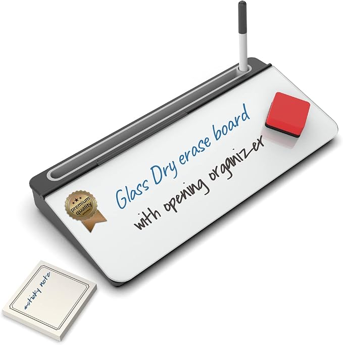 Audio-Visual Direct White Glass Desktop Notepad Set - Dry Erase Board with Marker, Eraser & Sticky Notes -