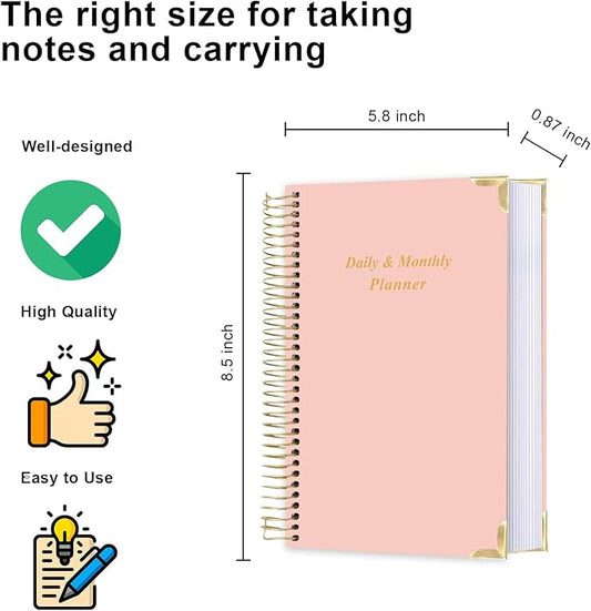 Undated Daily Monthly Planner for 2025 2026 - A5 To Do List with Hourly Schedule, Hardcover Spiral Bound Daily Planner to Increase Focus, Stylish School/Office Supplies, 5.8" x 8.5", Pink