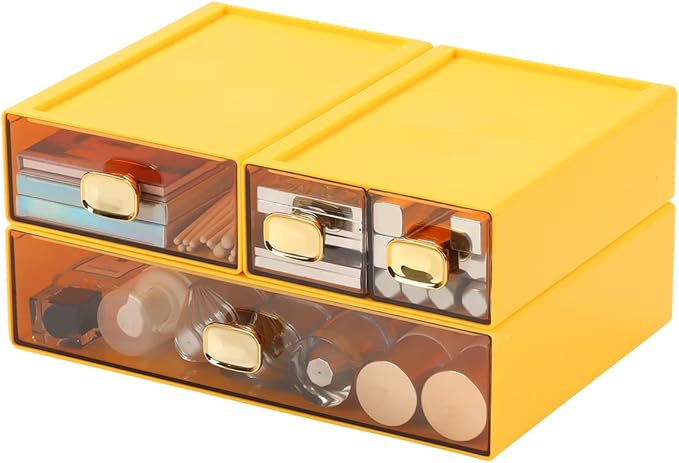 Spacious Desktop Storage Box, 1 Large 1 Middle & 2 Small Storage Drawers, Stackable Office Desk Drawer Organizer and Accessories, Printer Paper Organizer, Yellow Plastic Drawers for Workspace