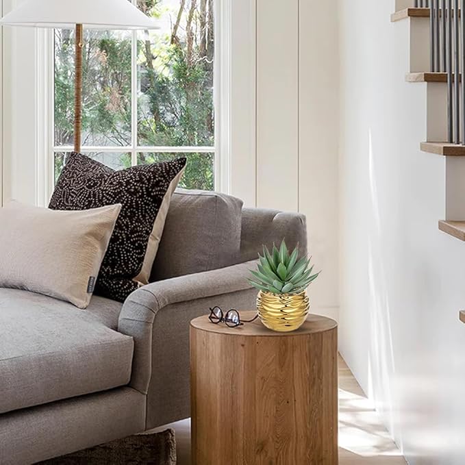 Briful Artificial Frosted Aloe Plant in Gold Ceramic Pot – 8.3” Tall Faux Succulent Agave with Decorative Pebbles – Realistic Indoor Decor for Office, Shelf, Desk, Living Room