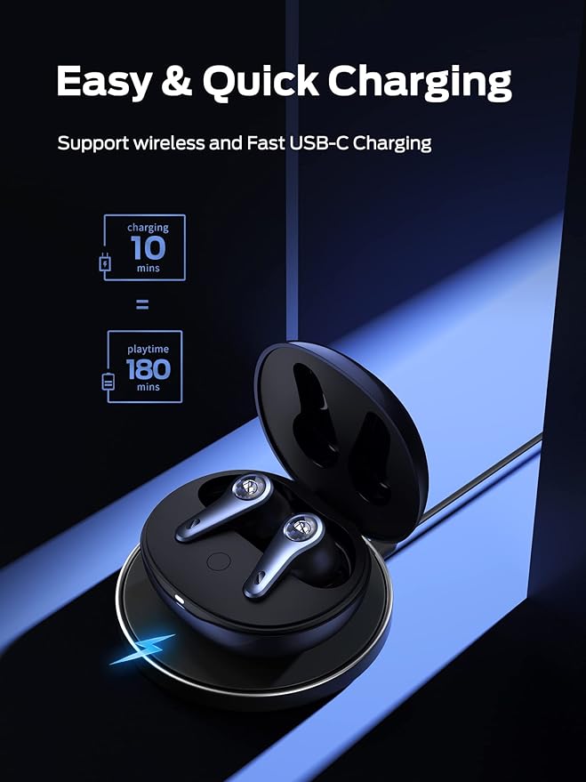 Monster Clarity 8.0 Hybrid Active Noise Cancelling Wireless Earbuds, 42dB in-Ear ANC Earphones Deep Bass with 6 Mics, Bluetooth 5.2, 50H Play Time with Wireless Charging Case,Blue