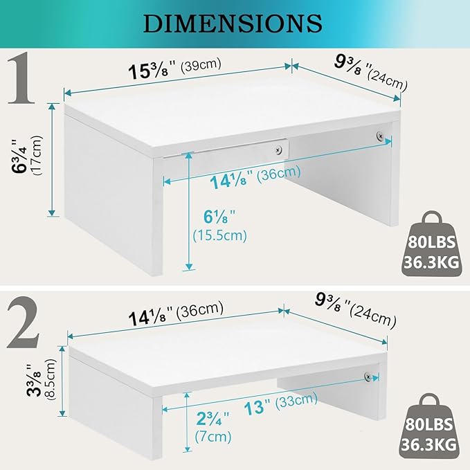 TEAMIX Adjustable White Monitor Stand Riser - 2 Pack, Wood 2 Tier Adjustable Stand for 2 Monitors/Laptop/PC