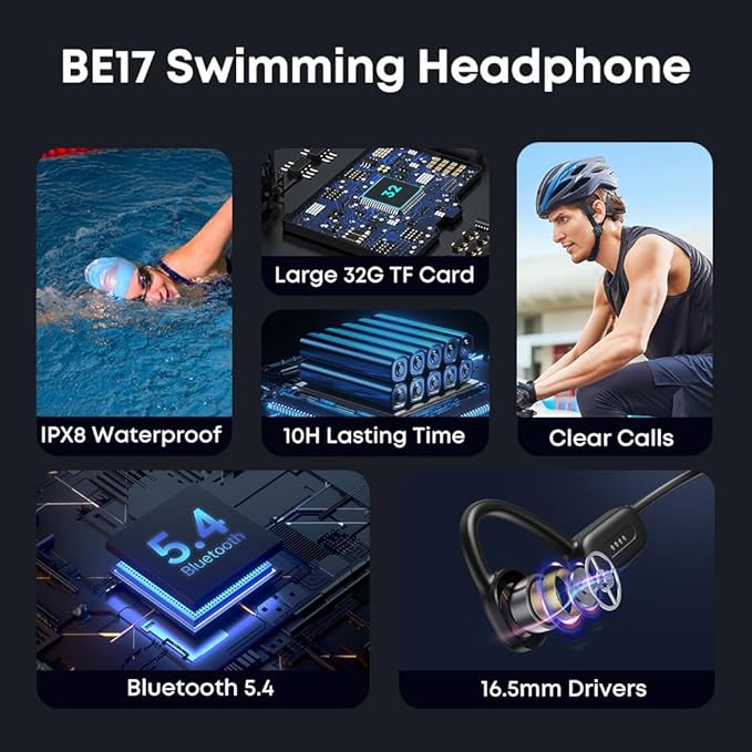 Bone Conduction Headphones IPX8 Swimming Waterproof Dustproof Sweatproof MP3 Player Headset Underwater Music Player 32GB Memory, Open-Ear Wireless Bluetooth 5.4 with Mic for Running, Cycling
