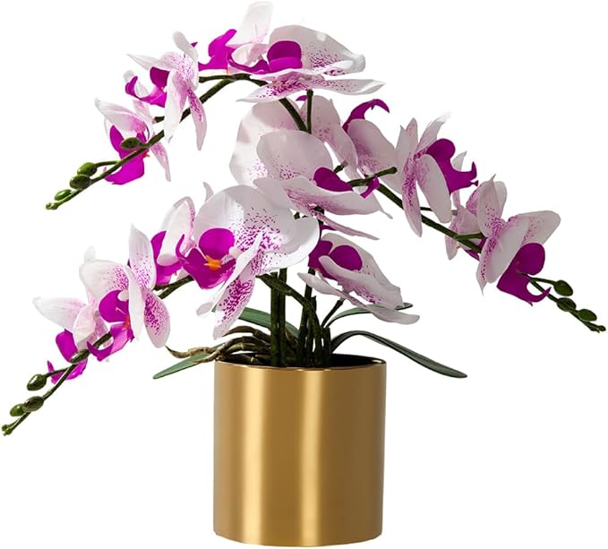LESING Artificial Orchid Flower with Vase Realistic Orchids Faux Flower Fake Orchid Bonsai Plants in Pot Arrangement for Home Wedding Party Dining Table Centerpiece Decor (White Purple,Gold Vase)