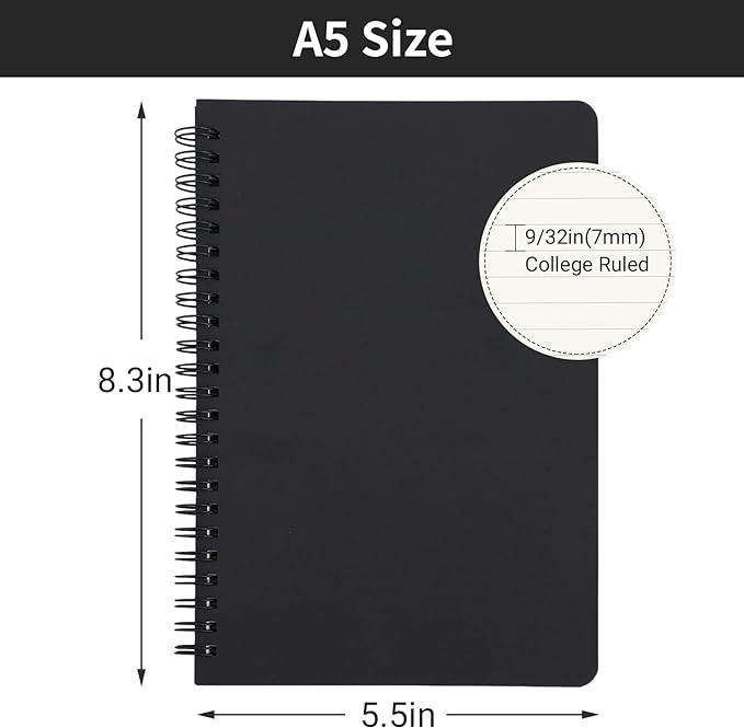 EUSOAR Spiral Lined Notebook, A5 3packs 5.5"X8.3" 120 Pages Hardcover Lined Travel Writing Journal, Notepad Sketchbook, Students College Office Business Subject Diary Ruled Spiral Book Journal-Black
