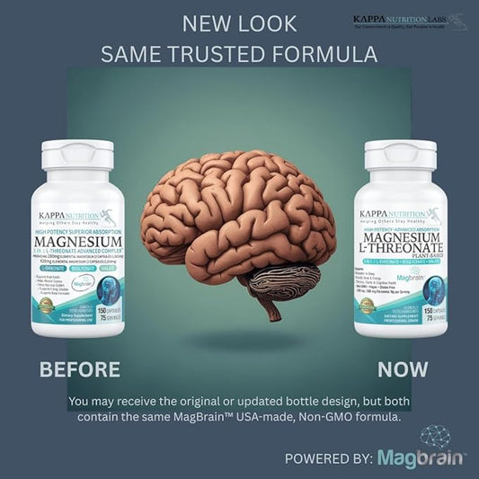 Kappa Nutrition Magbrain™ Magnesium L-Threonate Plant-Based, 420mg Elemental Magnesium (3 Capsules) from 2,253mg, 150 Vegan Capsules, Brain, Sleep & Muscle Support.