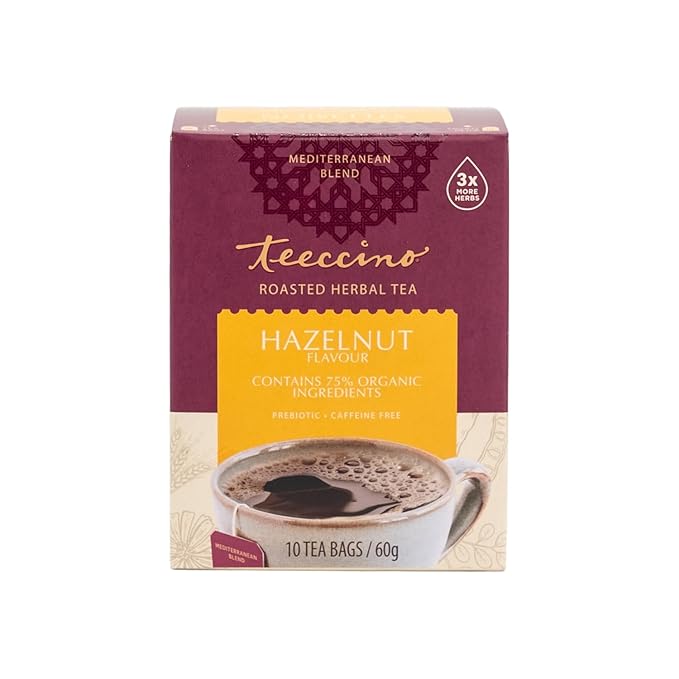 Teeccino Hazelnut Herbal Tea - Rich & Roasted Herbal Tea That’s Caffeine Free & Prebiotic for Natural Energy, 10 Tea Bags (Pack of 4)