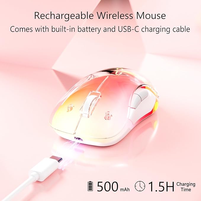 memzuoix 2.4G Wireless Mouse with Customizable Cover & 9-Color LED - Rechargeable Ergonomic, 1200 DPI, 5 Buttons, USB Receiver for PC/Mac - Pink