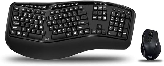 Adesso WKB-1500GB - Wireless Ergonomic Desktop Keyboard and Laser Mouse with Split Keys Design and Palm Rest for Comfort, Long Battery Life, Nano Receiver - Compatible for PC & Windows XP/7/8/10,Black