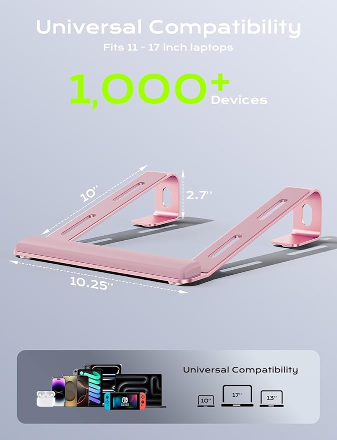 Aluminum Laptop Stand, Notebook Stand with Wrist Rest, Ergonomic Detachable Laptop Mount, Computer Stand Compatible with 10-17'' All Laptops Such as MacBook Air Pro/HP/Dell/Lenovo, Pink