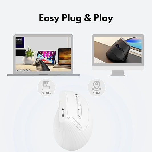 Vertical Mouse Wireless, 2.4G Rechargeable Mouse with Battery Indicator,4 Level DPI,Ergonomic Design for Comfort and Reduced Wrist Strain, Ideal for Home,Office Use (White)