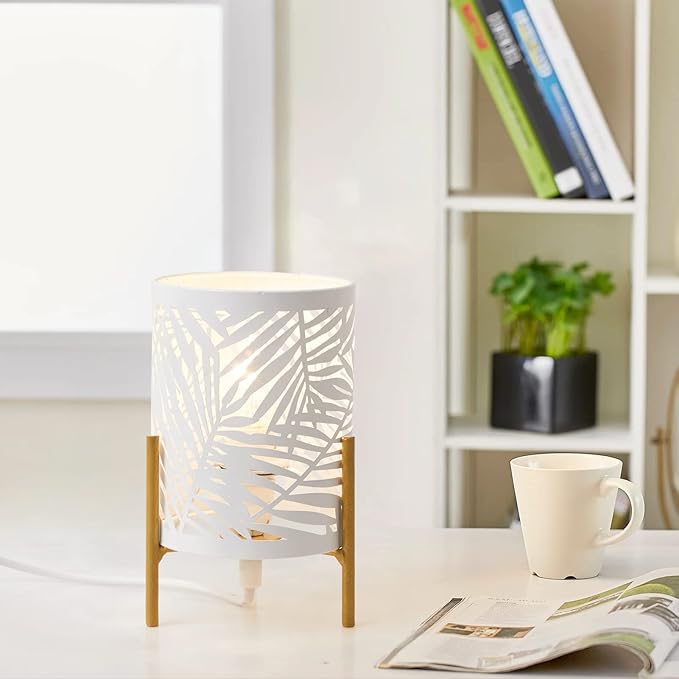 OuXean Decorative Table Lamp, Golden Tripod Stand with White Metal Hollowed Lampshade, Night Light for Bedside, E12 40W, No Bulb