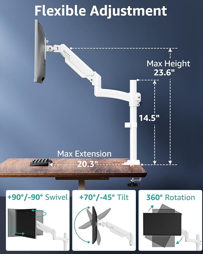 Single Monitor Mount Arm, VESA Desk Mount Stand for 13-32 inch Computer Screen up to 22 lbs, Adjustable Height Tall Monitor Arm with Tilt Swivel Rotation, VESA 75 100mm, White, Freelift
