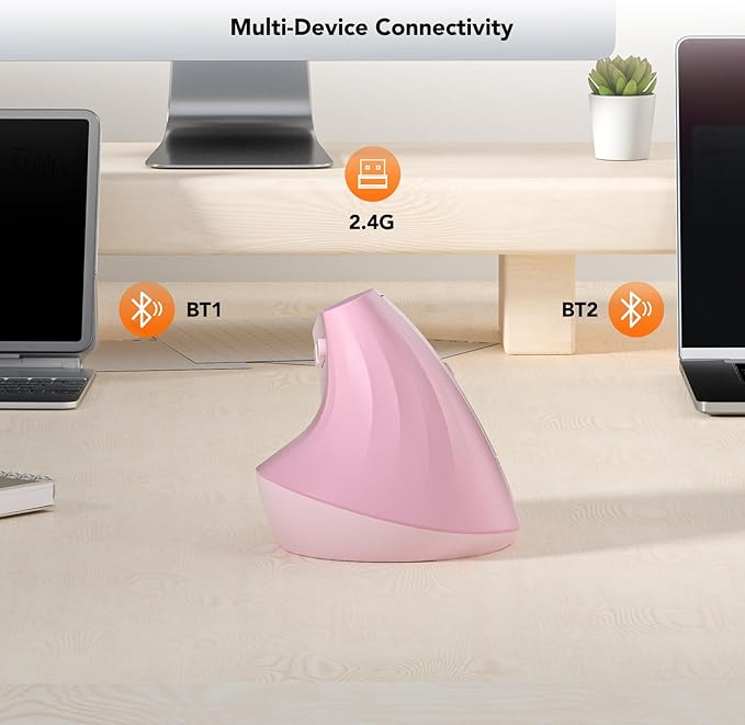 EM18 Wireless Ergonomic Vertical Mouse, Ergo Design, Bluetooth Cordless Mouse, Silent Click, 5-Level Adjustable DPI, Carpal Tunnel Mice for Computer, PC, Mac, Laptop, Pink