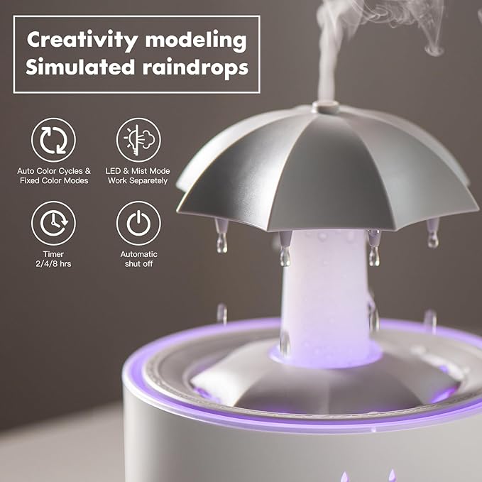 Rain Umbrella Humidifier,Essential Oil Aroma Diffuser with Soothing Rain Sounds,Water Drip Effect,7 Colors Mood Lights,Remote Control, Timer and Auto-Off, Raindrops Relaxing Sound for Deep Sleep