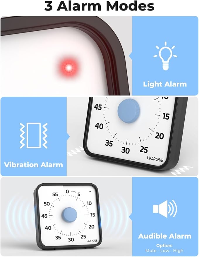 LIORQUE 60 Minute Visual Timer for Kids and Adults, Non-Ticking 7.5 Inch Large Visual Countdown Timers for Classroom Desk Countdown Clock with Magnetic Backing, Kids Pomodoro Timer Clock