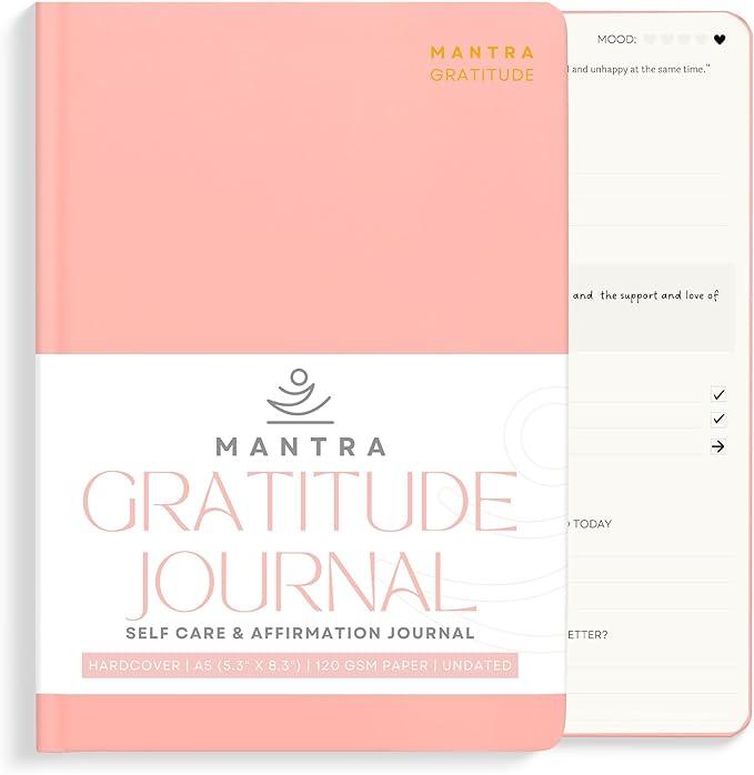 Gratitude Journal For Women & Men - Mental Health, Self Love & Self Care Journal - Pink - 5.8" x 8.3" - Mantra Planner
