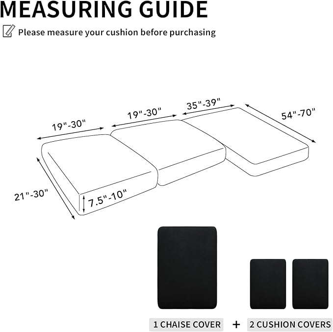Easy-Going 100% Waterproof 3 Pieces Couch Cushion Covers for Sectional Sofa Left/Right L Shape Chaise Lounge Sofa Seat slipcover Anti-Slip Sofa Cover (2 Seater + 1 Chaise, Black