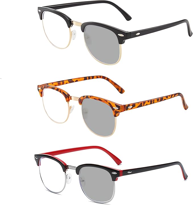 Photochromic Blue light Blocking Glasses Half frame Retro Semi Rimless Blue Blocking Eyewear For Men Women 3 Pack
