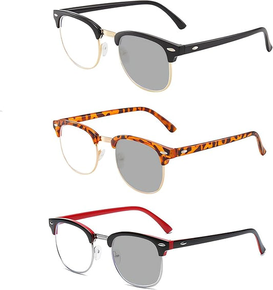 Photochromic Blue light Blocking Glasses Half frame Retro Semi Rimless Blue Blocking Eyewear For Men Women 3 Pack
