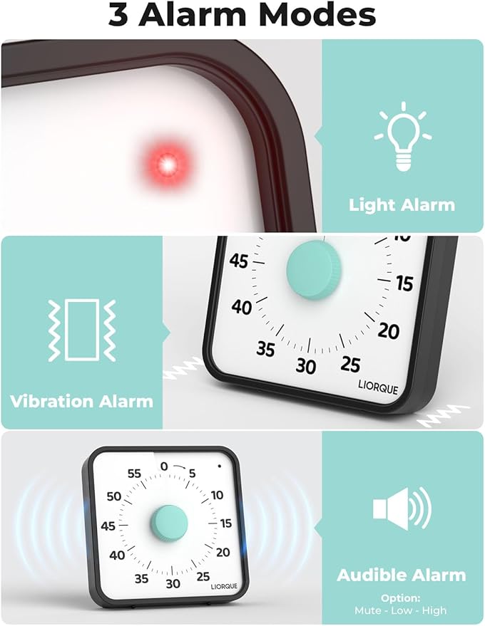 LIORQUE 60 Minute Visual Timer for Kids and Adults, Non-Ticking 7.5 Inch Large Visual Countdown Timers for Classroom Desk Countdown Clock with Magnetic Backing, Kids Pomodoro Timer Clock